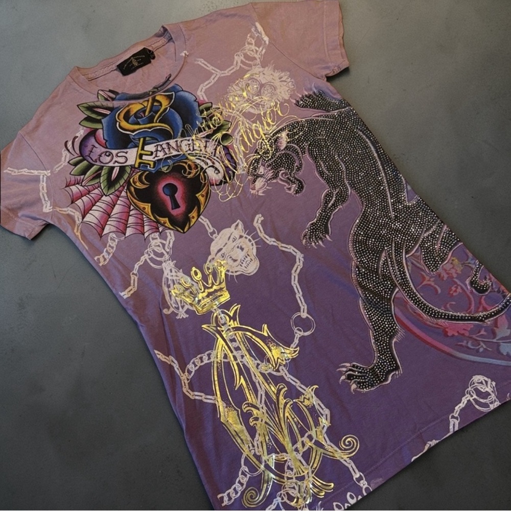 Y2K Christian Audigier Rhinestone Graphic Shirt - Purple - Picture 2 of 11